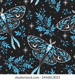 Patrón de Vector azul mágico sin costuras. Polilla lunar, hierbas, estrellas. Diseño de tela bohemia. Composición contemporánea.