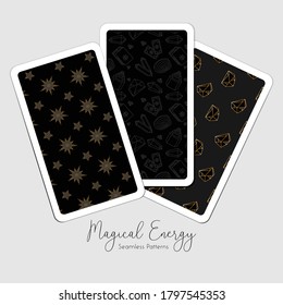 Seamless Magic energy illustrated patterns black background gemstones esoteric and spiritual theme