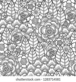 Seamless magic garden pattern in doodle style. Floral, ornate, decorative, tribal vector design elements. Black and white monochrome background. Flovers and leaves. Zentangle coloring book page