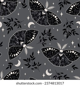 Patrón vectorial de color gris mágico sin brillo. Mariposas, hierbas, estrellas. Diseño de tejidos bohemios. Composición contemporánea.