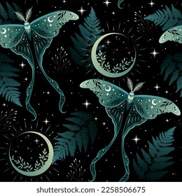 Seamless magic green vector pattern. Moon moth, herbs, stars. Bohemian fabric design. Contemporary composition.