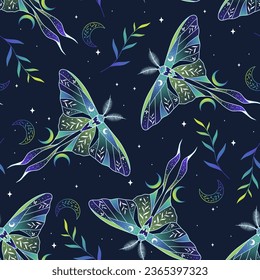 Seamless magic green vector pattern. Moon moth, herbs, stars. Bohemian fabric design. 