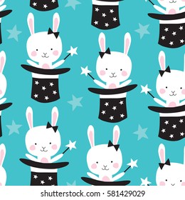 seamless magic hat with rabbit bunny pattern vector illustration