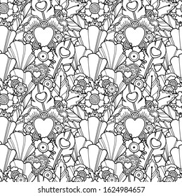 Seamless magic love pattern in doodle style. Decorative ornate floral tribal vector design elements. Black and white monochrome background. Flowers, hearts and leaves. Zentangle coloring book page.