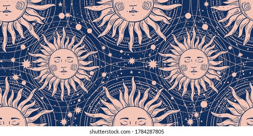 Seamless magic ornament with a sun with a face on a blue background. Pattern with elements of astrology, boho design, space and stars. Vector illustration