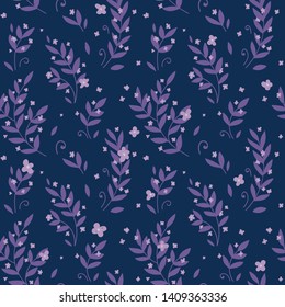 Seamless magic pattern background, dark background, purple leaves and pink flowers.