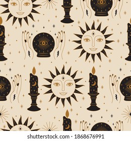 Seamless Magic Pattern With Crystal Ball And Sun Design In Vector.