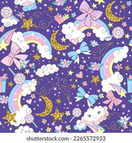 Seamless magic pattern with cute cosmic elements clouds, stars and rainbows on blue background. Vector illustration. For party, print, baby shower, wallpaper, design, decor, dishes, bed linen, apparel