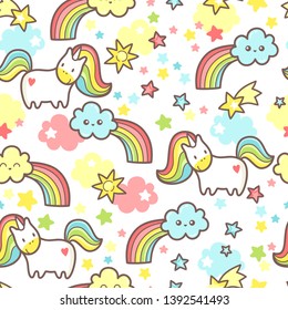 Seamless magic pattern with cute kawaii unicorn, rainbows, stars and clouds. Vector illustration