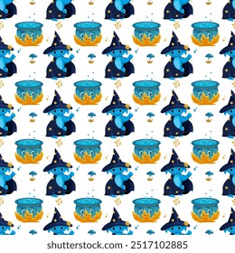 Seamless magic pattern with a dragon and a witchs cauldron for Halloween