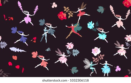 Seamless magic pattern with funny fairies and elves, leaves and flowers. Vector illustration. Print for fabric, paper, wallpaper. Spring design.