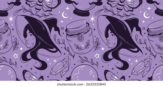 Seamless magic pattern. Hand drawn art background. Halloween wrapping paper design with elements for witchcraft.