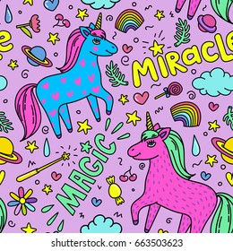 Seamless magic pattern with handdrawn unicorns and magic stuff. Miracle and magic creature. Vector illustration.
