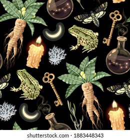 Seamless magic pattern with high detailed supplies for witchcraft