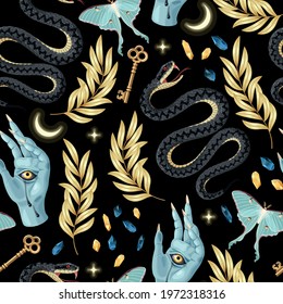 Seamless magic pattern with high detailed supplies for witchcraft

