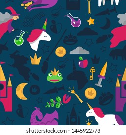 Seamless magic pattern on dark background with witch on broom, unicorn, enchanted frog, dragon, coins, poison bottle, crown, key, castle. Cool colorful print for scrapbook, card, 
wrapping paper.