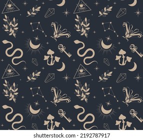 Seamless Magic Pattern with snake, butterfly, moon, floral elements. Doodle esoteric, boho mystical hand drawn elements. Magic and witchcraft, witch esoteric alchemy. Icons set. Vector illustration.