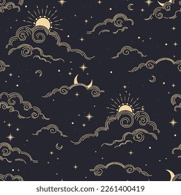 Seamless magic pattern with sun, moon, clouds, stars. Vector elements on dark background. Cosmos print.