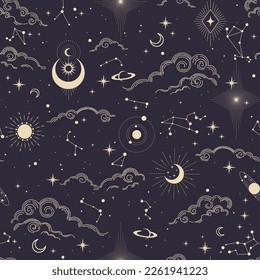 Seamless magic pattern with sun, moon, clouds, stars. Vector elements on dark background. Cosmos print.