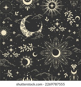 Seamless magic pattern with sun, moon, clouds, stars. Vector elements on dark background. Cosmos print.