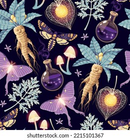 Seamless magic pattern with supply for witchcraft