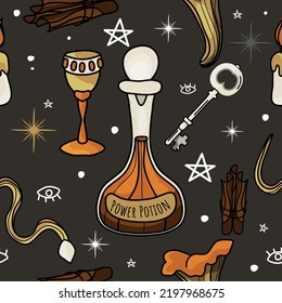 Seamless magic pattern. Vector illustration. Items for divination and magic. Mushrooms, potion, goblet, cinnamon, candle, key, snake. A symbol of witchcraft.