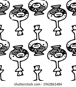 Seamless magic potion pattern, rounded base with long, narrow neck with stopper and label. A magic potion bottle hand drawn in doodle style with a black line on a white background