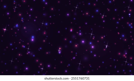 Plano de fundo preto de estrela azul noite azul roxo mágico sem costura. Espaço sideral profundo sem fim abstrato textura vetor ilustração. Brilho faísca no escuro. Estrelas cintilantes azuis