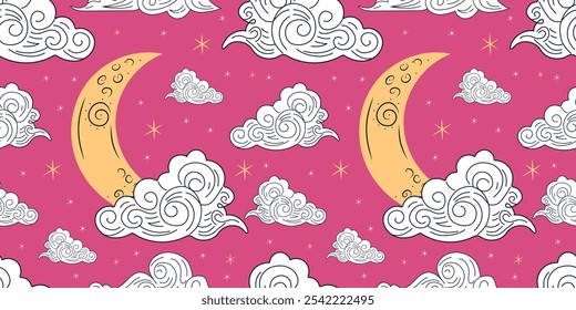 Lua divina de tarô mágico sem costura e padrão de nuvens espirituais no fundo rosa. Padrão astrológico no conceito de harmonia celeste esotérico. Para decoração de tarô, cartões, impressões.