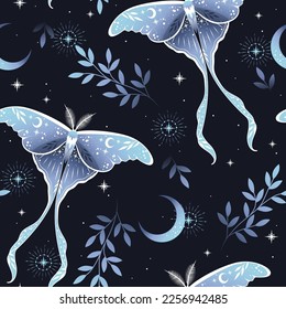 Seamless magic vector pattern  Moon moth  herbs  stars  Bohemian fabric design  Contemporary composition 
