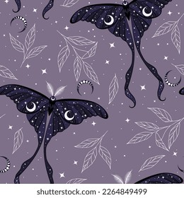 Seamless magic vector pattern. Moon moth, herbs, stars. Bohemian fabric design. Contemporary composition.