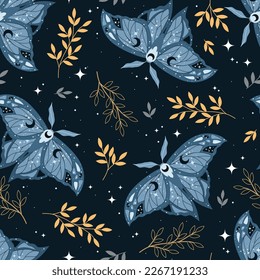 Seamless magic vector pattern. Moon moth, herbs, stars. Bohemian fabric design. Contemporary composition.