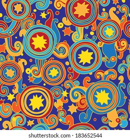 Seamless magic vector pattern with stars clouds curves in night sky