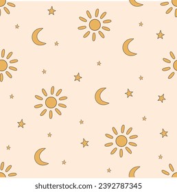 Patrón de bebé mágico sin foco con cresta, sol y estrellas. Ilustración retro de bebé lindo vectorial
