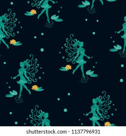 Seamless magical dark pattern with beautiful watercolor fairy.