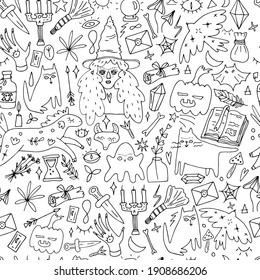seamless magical and mystical pattern with witches, horses, ghosts, doodle illustrations