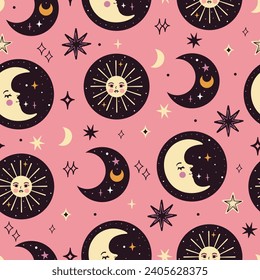 Seamless magical pattern with celestial bodies. Vector graphics.