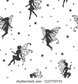 Seamless magical pattern with fairies and stars.