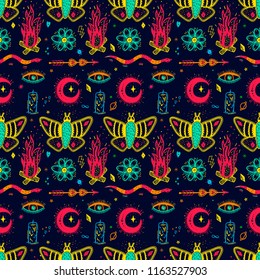Seamless magical pattern. Mystical icon hand drawn print. Vector illustration for Halloween. Cartoon style