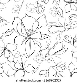 Seamless Magnolia flowers pattern. Modern stylish Floral pattern, Tropical flower line art, Vector illustration in a trendy minimalistic one line style black and white