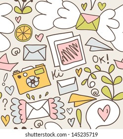 Seamless mail pattern. Decorative post backgrounds with letters, camera, fruits, and other cute elements