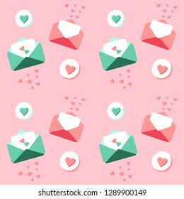 Seamless mails and hearts pattern. Colorful flat design for t-shirt, dress, cloths. Sketchy Valentine's Day background. Vector illustration EPS 10 file. 