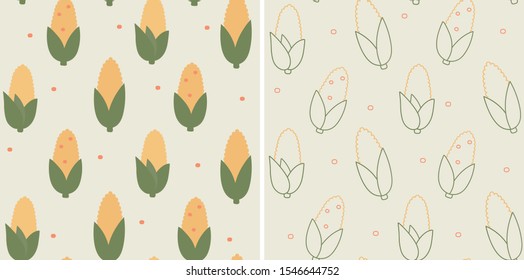 Seamless maize pattern. Two vector illustrations of corn crop texture in flat and linear style.