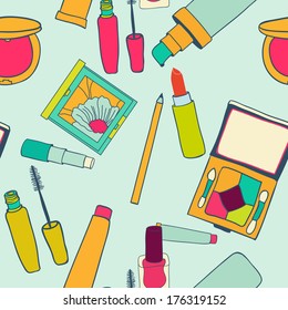 Seamless makeup and cosmetics pattern. Hand drawing illustration on mint background.