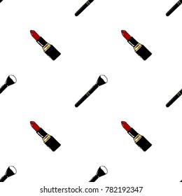 Seamless makeup cosmetics pattern. Vector hand drawn graphic fashion illustration: brush, makeup brush, lipstick. Vector seamless pattern with makeup items lipstick, powder brush.