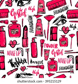 Seamless Makeup pattern. Glamorous  pattern with nail polish and lipstick. Creative design for card, web design background, book cover.