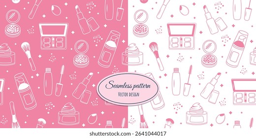 Seamless makeup pattern with hand-drawn makeup elements. Vector contour drawing for fabric, wallpaper, wrapping paper and more.