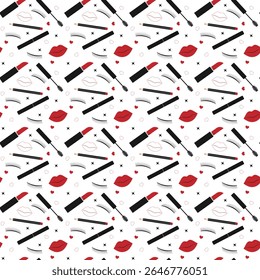 Seamless makeup pattern with red lipstick, eyelashes and hearts. Beauty cosmetic background