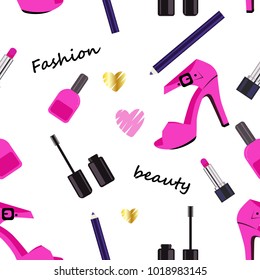Seamless Makeup pattern with text Fashion, beauty. Pattern with nail polish, lipstick and shoe. Vector illustration.