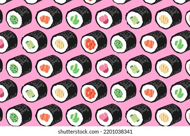Patrón de ilustración de sushi maki sin soldadura, fondo rosa
